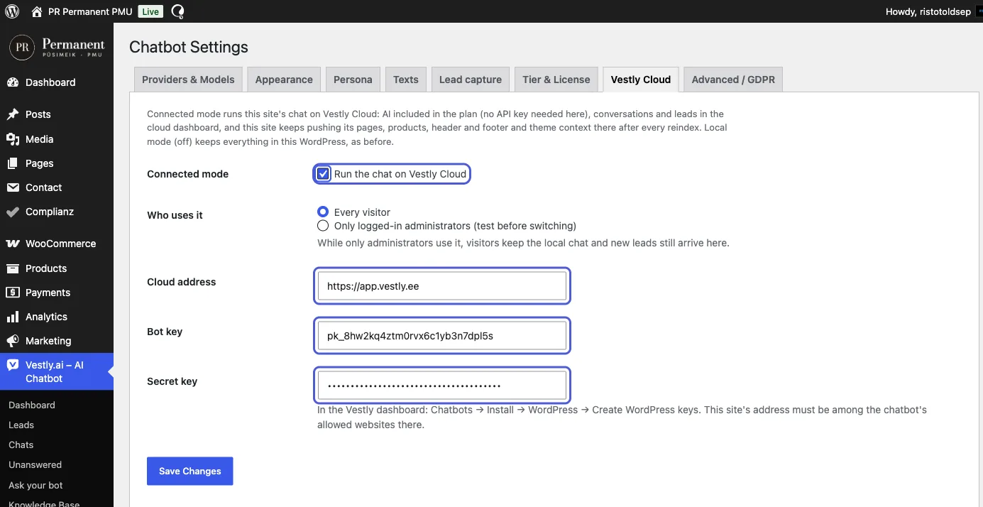 Vestly.ai plugin settings, the Vestly Cloud tab with the fields filled in