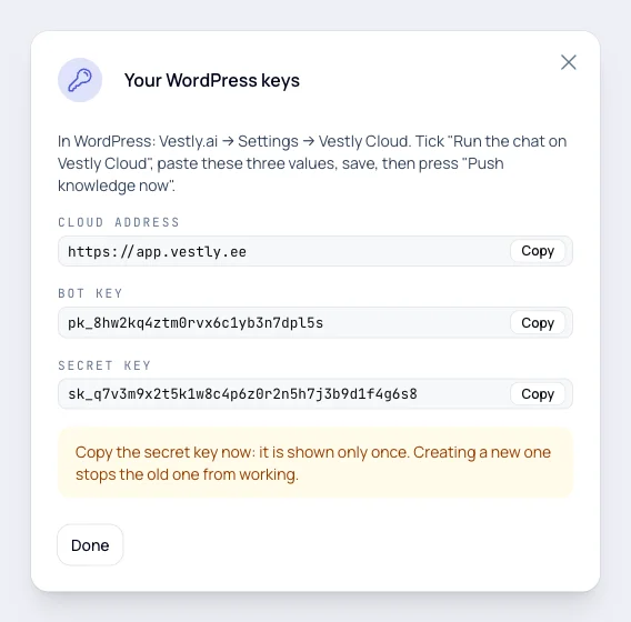 Vestly dashboard: the WordPress keys (cloud address, bot key, secret key)