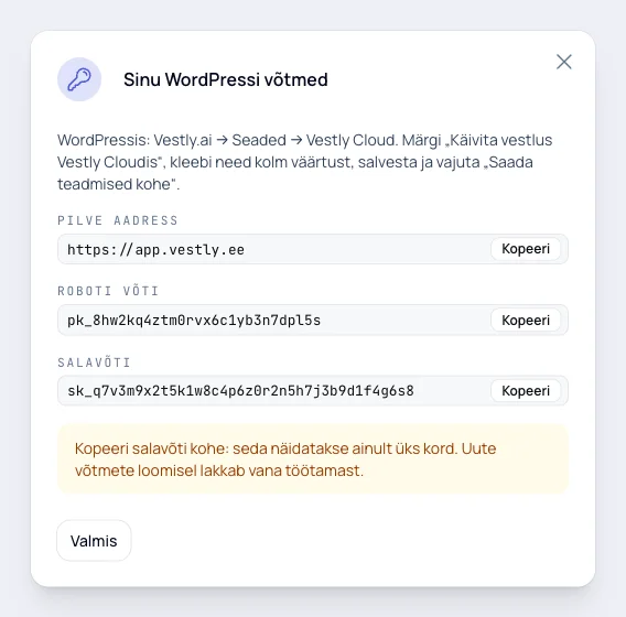 Vestly juhtpaneel: WordPressi võtmed (pilve aadress, roboti võti, salavõti)