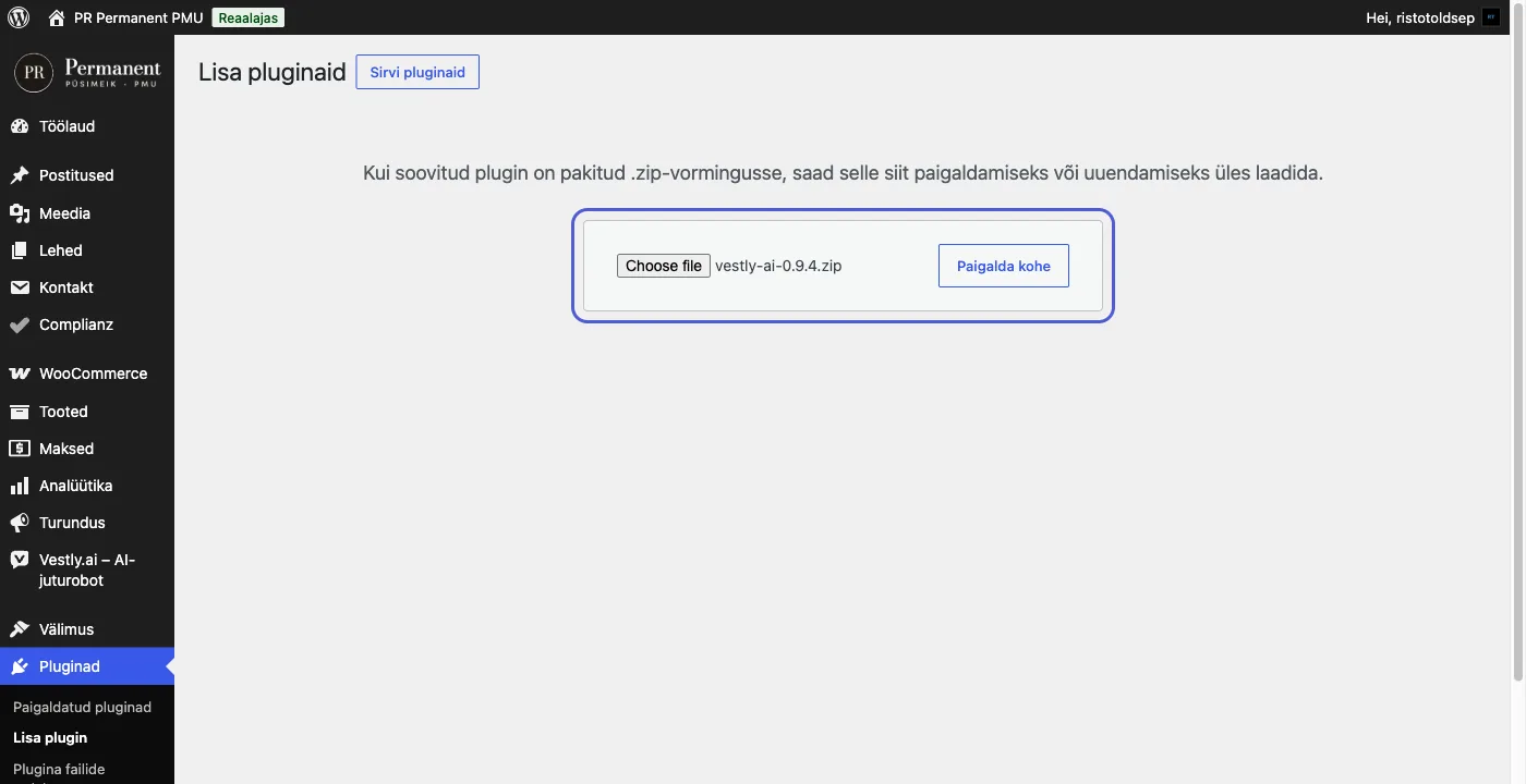 WordPressi plugina üleslaadimise vaade, kus on valitud Vestly zip-fail